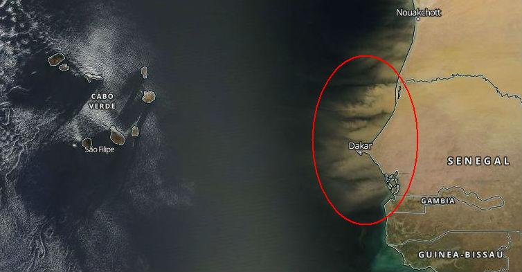 Upcoming sandstorm from mainland Africa