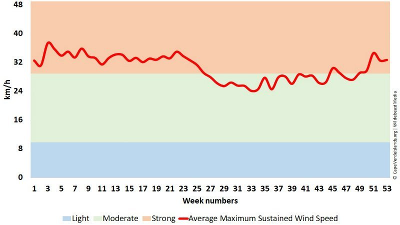 Average maximum wind force Cape Verde