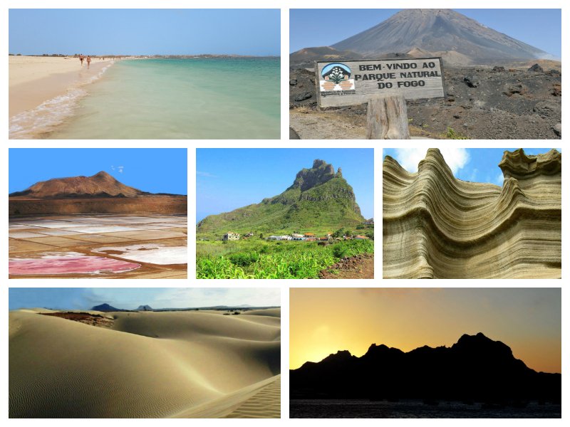 Collage of seven natural landscapes in Cape Verde, including the volcano in Fogo Natural Park