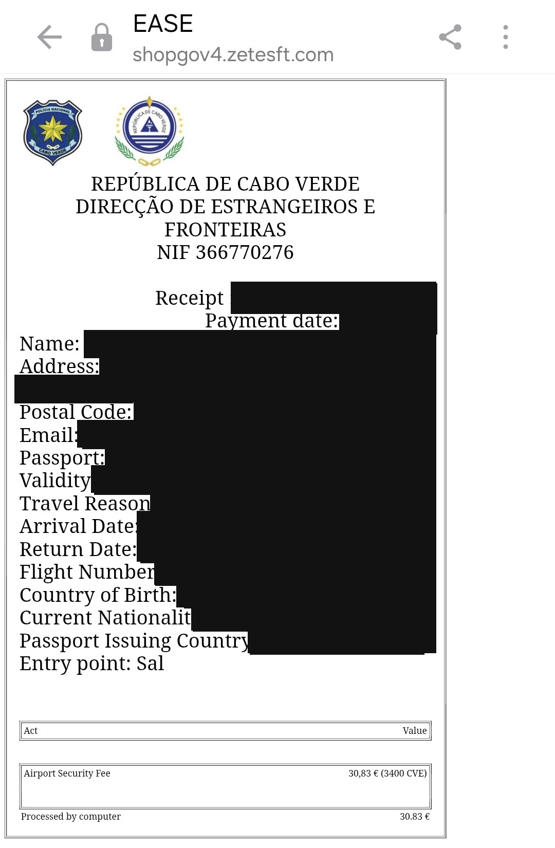 EASE portal receipt showing the airport security fee.